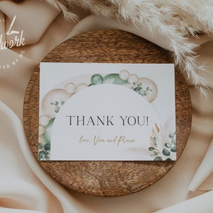 Boho Arched Sage Green Merci Card Template, Editable Flat Folded Note Card, Wedding Shower Printable, In Lieu of Favor Télécharger DIY 035