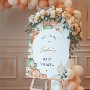 Peach Fuzz Sage Green Baby Shower Welcome Sign Template, Gender Neutral Editable Poster DIY, Boho Pampas Balloon Arch, Digital Download 035p