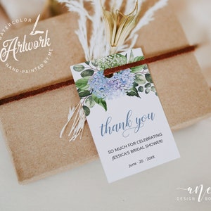 Dusty Blue Hydrangea Bridal Shower Favor Tag Template, Country Bridal Shower, Welcome Bag Label, Thank You Tag, Printable DIY Download 019
