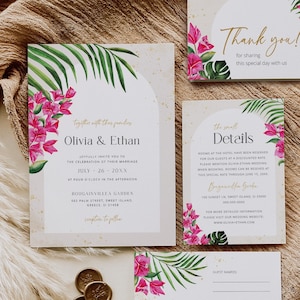 Tropical Pink Bougainvillea Wedding Invitation Set Printable Template, Boho Arch Destination Beach Wedding Editable Invite DIY Download 002b