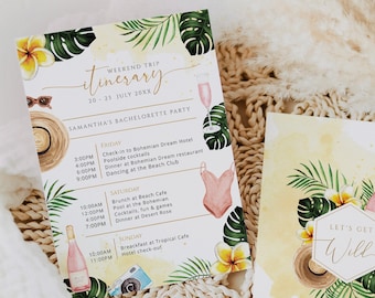 Tropical Bachelorette Party Itinerary Template, Monstera Palm Beach Weekend Program, Printable Mexico Hawaii Flower Agenda DIY Download 002f
