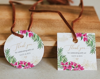 Tropical Wedding Favor Tag Printable Template, Round Sticker Thank You, Bougainvillea Bridal Shower, Editable Welcome Bag Candle Label 002b