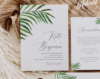 Minimalist Tropical Wedding Invitation Set Template, Palm Leaf Invite, Boho Beach Wedding Invite Template, Editable Printable Download 002