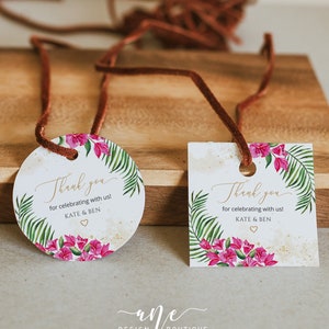 Tropical Wedding Favor Tag Printable Template, Round Sticker Thank You, Bougainvillea Bridal Shower, Editable Welcome Bag Candle Label 002b