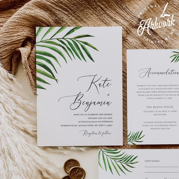 Minimalist Tropical Wedding Invitation Set Template, Palm Leaf Invite, Boho Beach Wedding Invite Template, Editable Printable Download 002