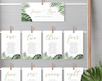 Tropical Seating Chart Template, Table Number Cards, Beach Greenery Palm Leaves Destination Wedding Signs, 100% Editable, Printable, DIY 002