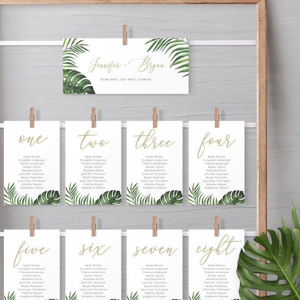Tropical Seating Chart Template, Table Number Cards, Beach Greenery Palm Leaves Destination Wedding Signs, 100% Editable, Printable, DIY 002