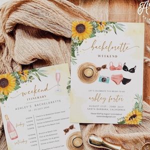 May include: A sunflower-themed bachelorette weekend invitation with a watercolor design. The invitation features a sunflower, a straw hat, sunglasses, a camera, and a swimsuit. The text on the invitation reads "bachelorette weekend" and "Ashley Foster" with the dates August 21st-23rd July. The invitation also includes the location Santa Barbara, California.