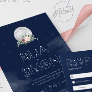 Celestial Moon Wedding Invitation Set Template, Starry Night Sky Wedding Suite, Mystic Sacred Geometry, Navy Blue Galaxy Space, Editable 022 image 2