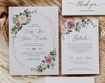 Dusty Rose Wedding Invitation Set Printable Template, Geometric Floral Eucalyptus Greenery Mauve Roses, Rose Gold, Editable DIY Download 007