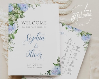 Dusty Blue Hydrangea Wedding Program + Timeline Booklet Printable Template, Ceremony Bi-Fold Order of Service Itinerary Digital Download 019