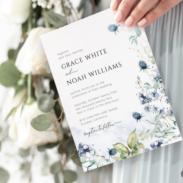 Dusty Blue Boho Wedding Invitation Suite Template, Printable Rustic Wildflowers Invite, Pastel Blue Greenery, Editable Digital Download 026