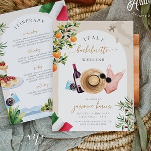 May include: Invitation to a bachelorette weekend in Italy. The invitation features a watercolor illustration of a straw hat, sunglasses, a bottle of wine, and a swimsuit. The text reads "Italy Bachelorette Weekend" and "In honor of Jasmine Harris, August 1-3rd, 20XX, Lake Como, Italy".