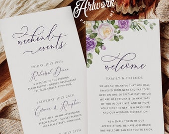 Modèle d'itinéraire de lettre de bienvenue floral violet lavande, mariage rustique ordre des événements note de sac de bienvenue modifiable, modifiable, imprimable, 034