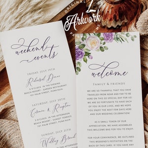 Lavender Purple Floral Welcome Letter Itinerary Template, Rustic Wedding Order of Events Editable Welcome Bag Note, Editable, Printable, 034