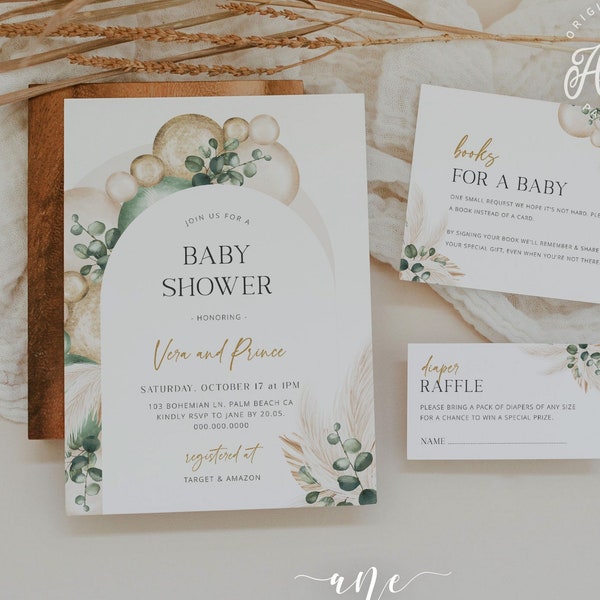 Sage Boho Arch Baby Shower Invitation Set Plantilla imprimible, Rifa de pañales editable, Tarjeta de libros, Pampas Silenciado Género Neutral, Descargar 035