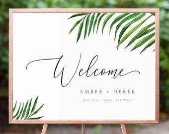 Tropical Wedding Welcome Sign Template, Beach Greenery Palm Leaf Wedding Bridal Baby Shower Sign Poster,100% Editable Printable Download 002