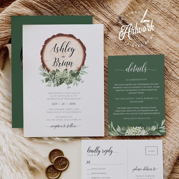 Emerald Rustic Wedding Invitation Set Printable Template, Boho Eucalyptus  Gypsophila Greenery, Wood Country Barn, Editable Download DIY 018