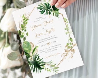 Tropical Wedding Invitation Suite Template, Palm Monstera Beach Invite Kit, Botanical Hawaii Jamaica Instant Editable Printable Template 027