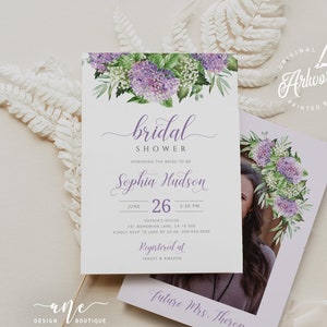 Plantilla de invitación para despedida de soltera con flores moradas, invitación rústica editable con flores, invitación DIY con hortensias lilas, descarga imprimible 019l