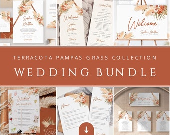 Pampas Grass Terracotta Wedding Invitation BUNDLE Template, Dried Palm Beach, Printable Tropical Invitation Set, Editable Wedding Signs 017b