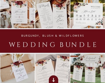 Burgundy Blush Wedding Stationery BUNDLE Template, Marsala Boho Winter Invitation Set, Printable Wedding Signs DIY Editable Signage 025