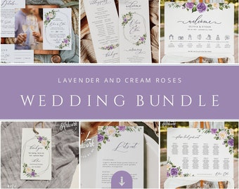 Hand Painted Purple Floral Wedding BUNDLE Template, Printable Lilac Spring Wedding Invitation Suite Editable Periwinkle Wedding Signage 034