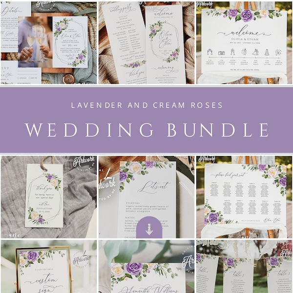 Floral Purple Wedding BUNDLE Template, Very Peri Color of 2022, Printable Lavender Wedding Invitation Suite, Editable Wedding Signage 034