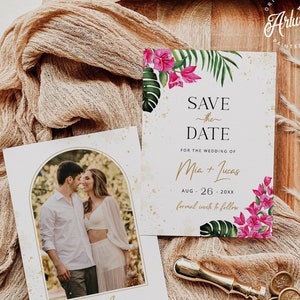 Bougainvillea Tropical Save The Date Kartenvorlage, Gold Rosa Floral Ziel Hochzeit einladen, Palm Beach Printable Editable Download 002b