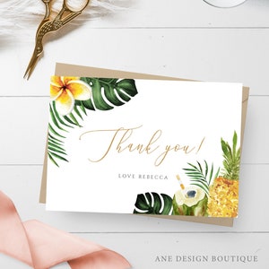 Modèle de carte de remerciement tropical, carte de note plate et pliée modifiable, Jamaïque Bachelorette Party Plumeria Palm imprimable au lieu de faveur 002f