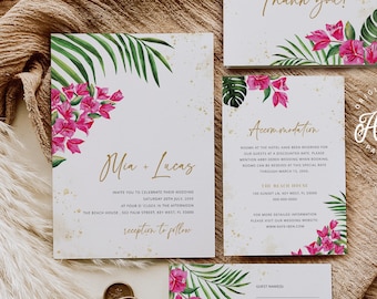 May include: Tropical wedding invitation suite with gold foil accents and pink flowers. The invitation features the text "Mia & Lucas" and the date "Saturday 20th July, 20XX". The RSVP card features the text "RSVP to Mia & Lucas by June 1st".