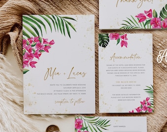 Bougainvillea Tropical Wedding Invitation Set Printable Template, Palm Leaf Invite, Pink & Gold Beach Wedding Invite, Editable Download 002b