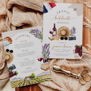 Hand Painted France Invitation Itinerary Editable Template, French Vineyard Birthday Trip Weekend Bachelorette Party Printable Download 038