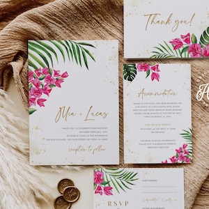 Bougainvillea Tropical Wedding Invitation Set Printable Template, Palm Leaf Invite, Pink & Gold Beach Wedding Invite, Editable Download 002b