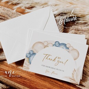 Modèle imprimable de carte de remerciement bohème bleu poussiéreux, tente plate éditable pliée carte de voeux shower de mariage, au lieu de faveur, téléchargement DIY 035b
