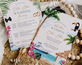 Könnte beinhalten: Eine tropische Hochzeitseinladung mit einer Aquarell-Illustration einer Strandszene, Palmen, einem Tukan und einem Boot. Der Einladungstext lautet "Bitte begleiten Sie uns zu unserer Destination Wedding Chloe & Ethan" und enthält Datum, Ort und Hotel Informationen.