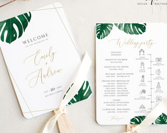 Tropical Monstera Wedding Program Fan Printable Template, Palm Tropical Beach Wedding Party, Editable Order of Events Timeline, Download 003