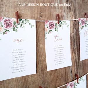 Modèle de tableau de sièges de mariage Dusty Rose, cartes de numéro de table, cartes de sièges mauves modernes d'eucalyptus floral, téléchargement imprimable modifiable 007
