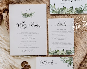 Eucalyptus Greenery Rustic Wedding Invitation Set Template, Monogram, Baby's Breath, Editable Country Barn Boho DIY, Printable Download 018