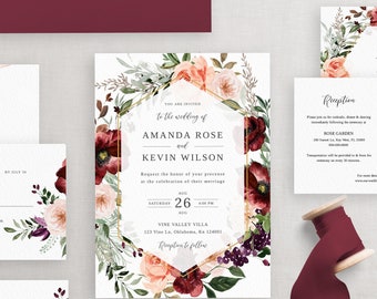 Geometric Burgundy and Peach Wedding Invitation Set Printable Template, Boho Marsala Blush Floral Rustic Invite, Editable Download DIY 024