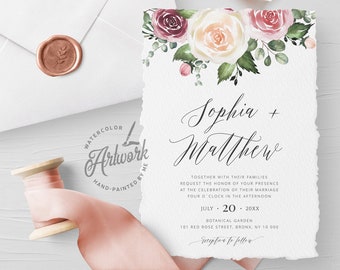 Mauve Rose Floral Wedding Invitation Set Template, Eucalyptus Dusty Rose Blush Roses Invite Suite, Editable, Printable Instant Download 007