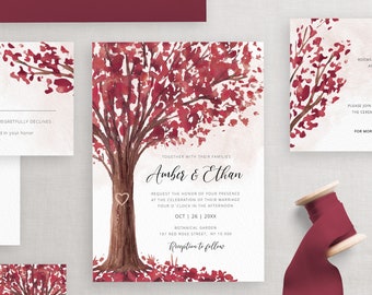 Burgundy Fall Tree Wedding Invitation Set Printable Template, Carved Heart Rustic Country Autumn Oak Tree Leaves, Editable Download DIY 020b