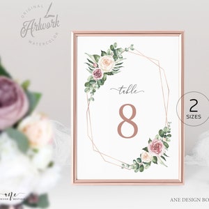 Modèle de carte géométrique de numéro de table Boho, Eucalyptus, Roses Mauve, Carte de table de mariée de mariage 4x6 5x7, 100% modifiable, Téléchargement imprimable 007