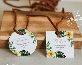 Tropical Wedding Favor Tag Printable Template, Round Sticker Thank You Tag, Plumeria Bridal Shower, Editable Welcome Bag Label Download 002f