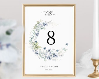 Dusty Blue Wedding Table Number Template, Printable Rustic Wedding Table Decor Seating Card, Winter Country Barn , Editable DIY Download 026