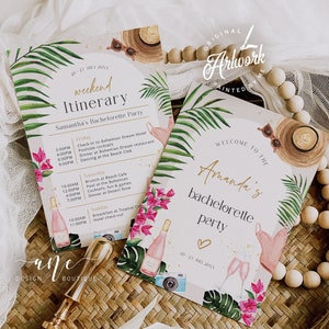 Boho Arch Tropical Bachelorette Party Invitation Itinerary Template, Editable Birthday Weekend, Bougainvillea Wedding Program Printable 002b