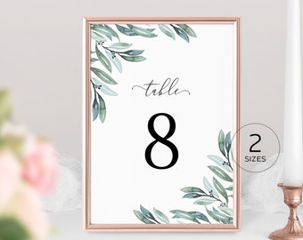 Eucalyptus Table Number Card Template, Greenery Wedding Bridal Table Card 4x6 5x7, Watercolor Artwork, 100% Editable, Printable Download 004
