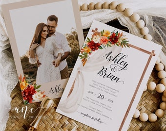 Fall Wedding Invitation Suite Printable Template, Editable Boho Autumn Invite, Barn Wood Rustic Arch Country Wedding, Digital Download 018