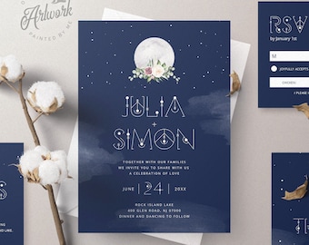 Celestial Moon Wedding Invitation Set Template, Starry Night Sky Wedding Suite, Mystic Sacred Geometry, Navy Blue Galaxy Space, Editable 022