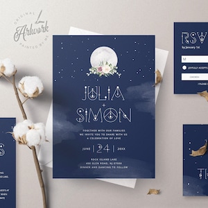 Celestial Moon Wedding Invitation Set Template, Starry Night Sky Wedding Suite, Mystic Sacred Geometry, Navy Blue Galaxy Space, Editable 022 image 1